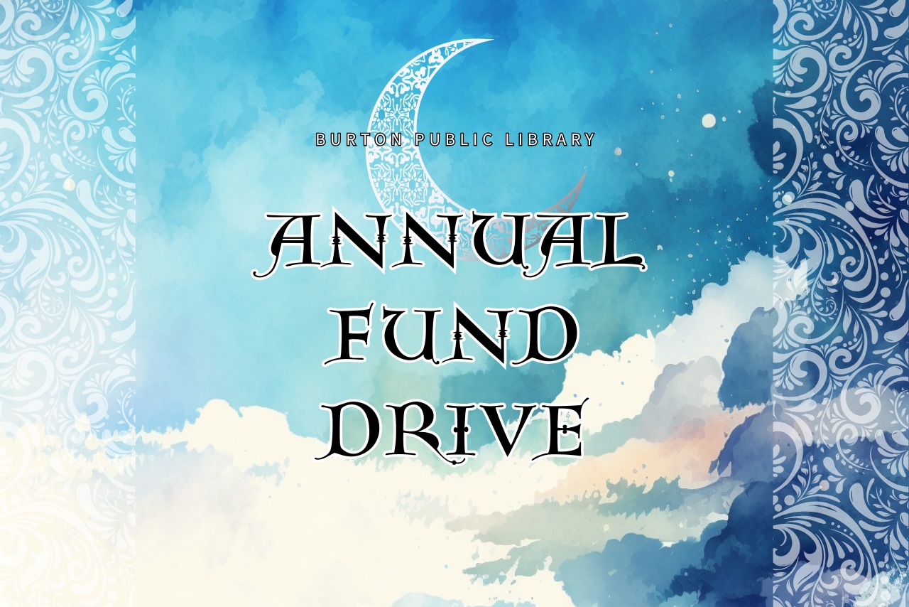 blue sky background with crescent silver moon and flowery designs on the sides