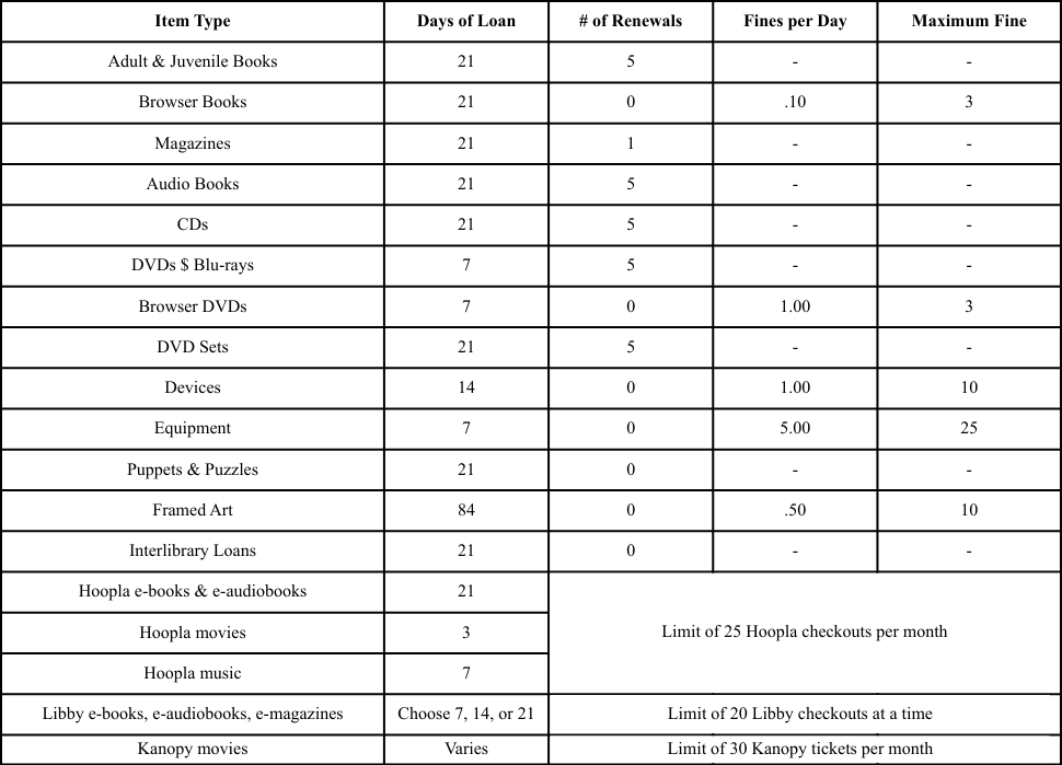 Table showing library material checkout information