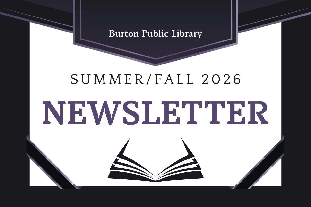 purple and grey background like a diploma with text about the library newsletter. 