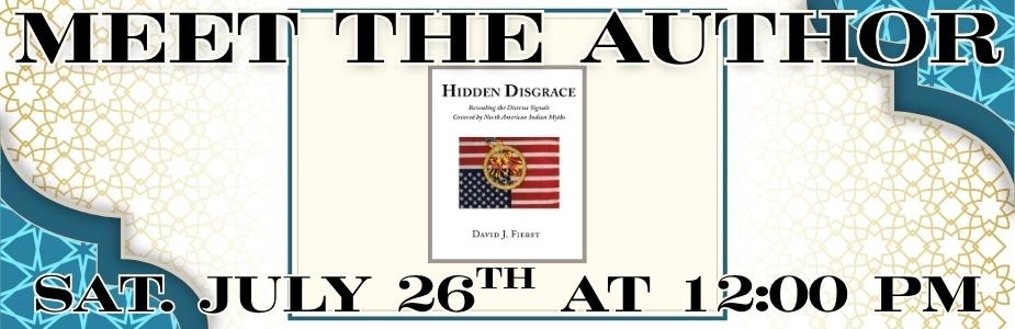 Author talk on July 26 with image of authors book in center of picture