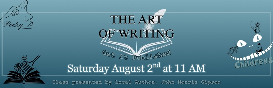 Blue background with face reading poetry in top left, Cheshire cart smile in middle right reading childrens, and book with food coming out reading cooking. Art of Writing in center as the program title.  