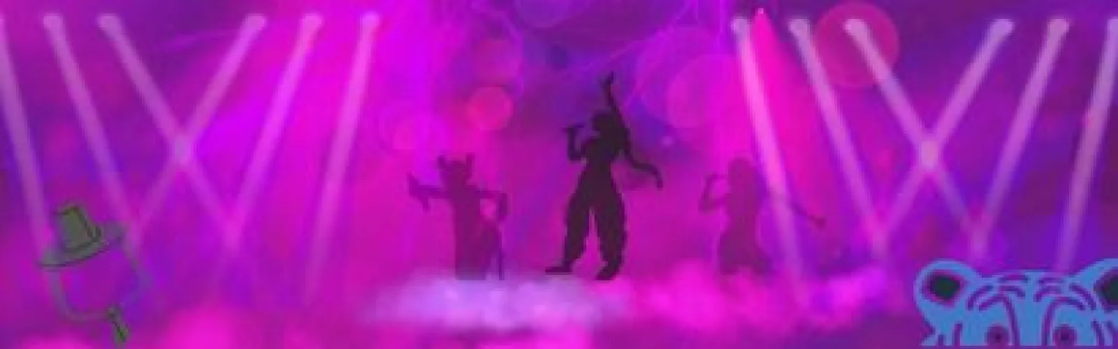 Three singers on purple stage