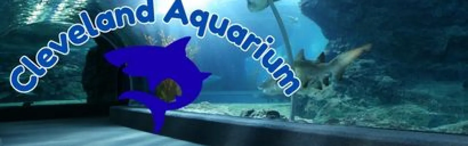 A tank full of sharks and the Cleveland Aquarium Logo