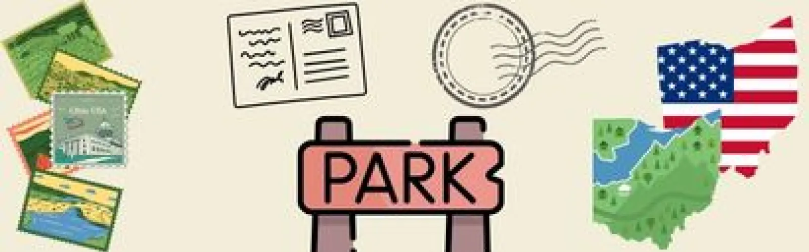Ohio state stamep, three landscape stamps, a postcard above a park sign, an American flag shaped like Ohio and the shape of the state of Ohio covered in green grass and trees