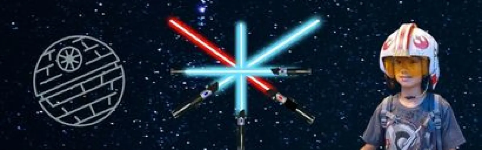 Death star, lightsabers and child in pilot helmet on starfield
