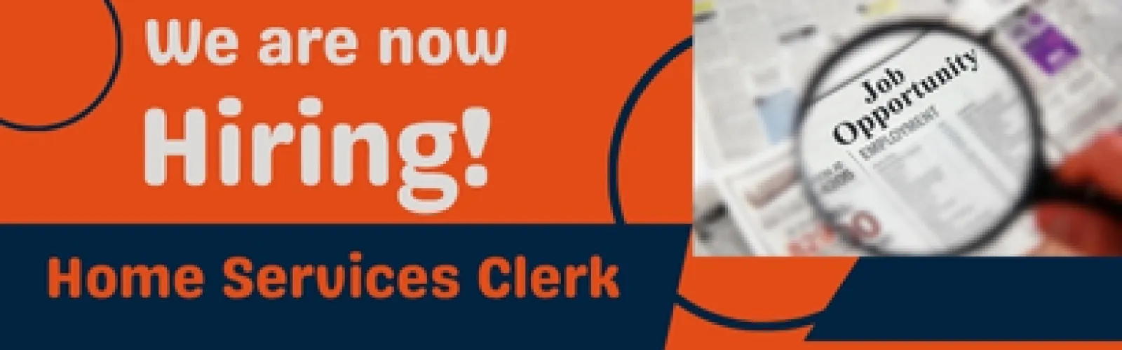 Now hiring text on blue and orange background 