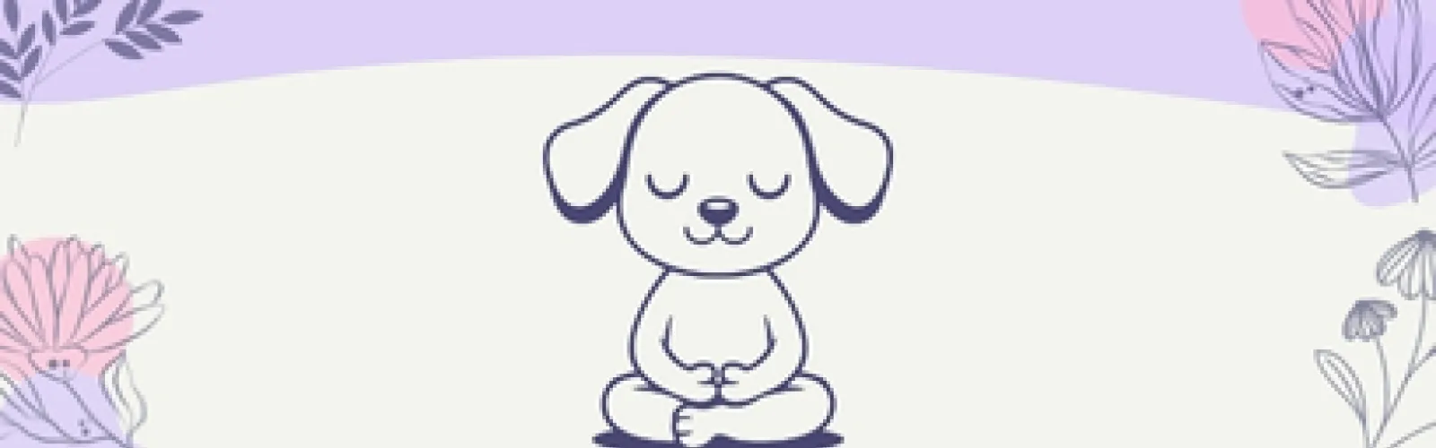 Tan and purple background with meditating dog in the middle 