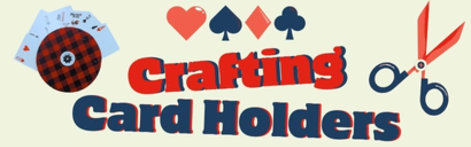 Tan background with blue and red scissors in right corner and card holder in left