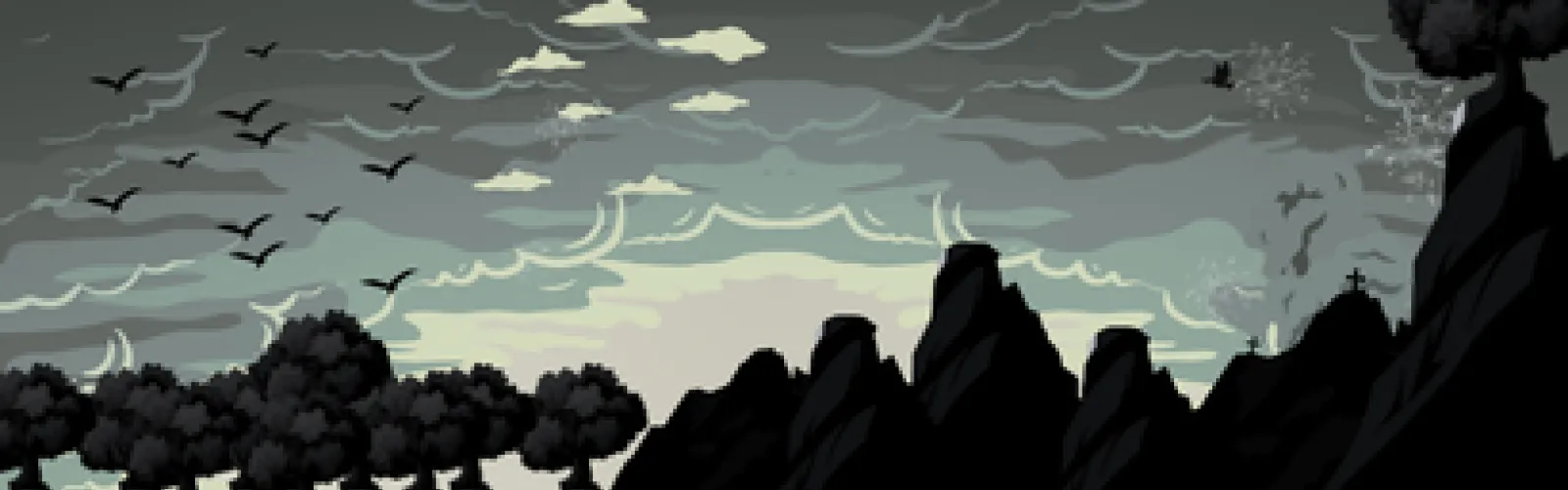 Silhouettes of trees, birds, mountains and graves on clouds