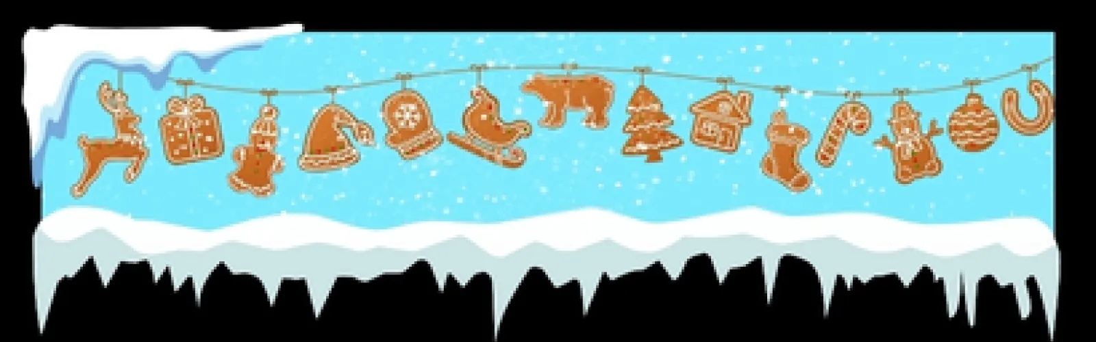 framed in black with a blue background a string of gingerbread cookies hangs in the snow