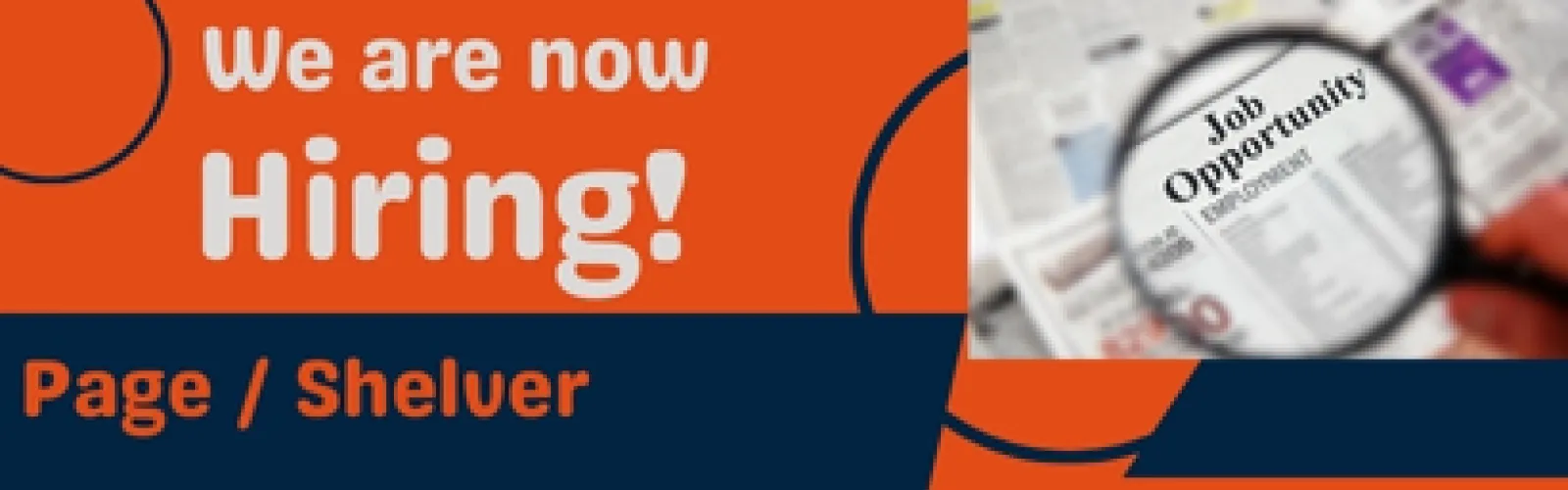 Orange and blue background with magnifying glass looking for job listings in top right corner cut out