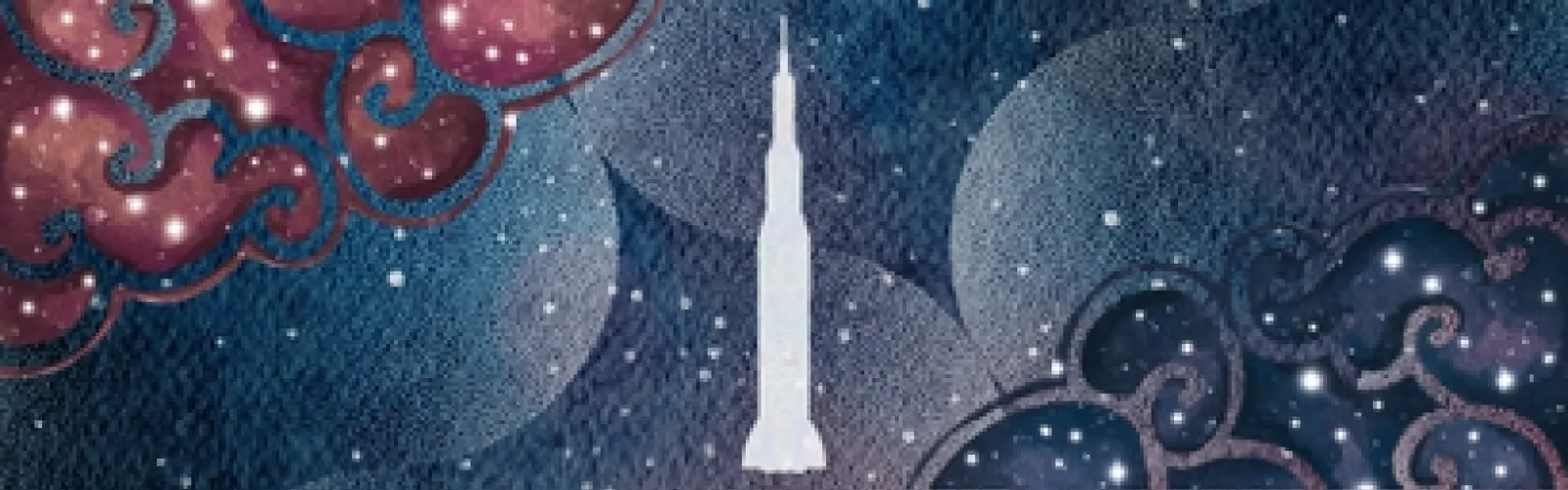 blue space background with faded spheres and stars. A silhouette of the Apollo rocket whited out in the center