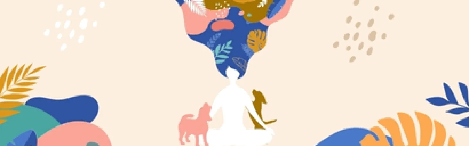 tan background with meditating person in middle of page. colors are floating out of their head and two dogs are jumping on them. 