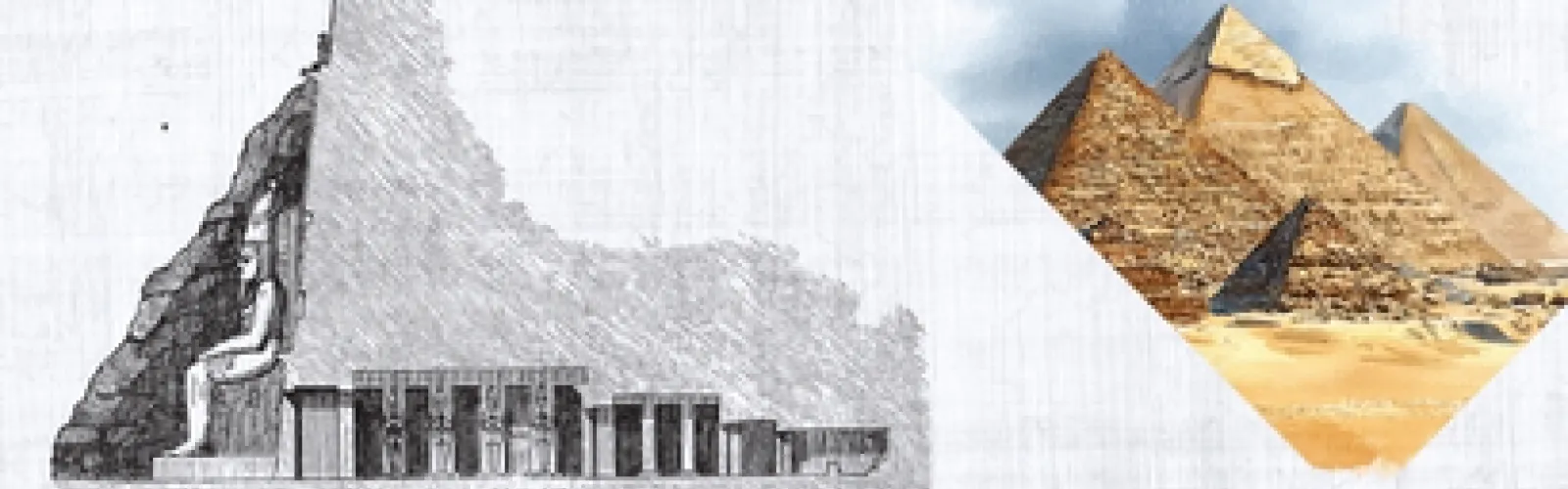 Sketch of the Abu Simbel's layout in bottom left corner and painting of great pyramids in top right. 