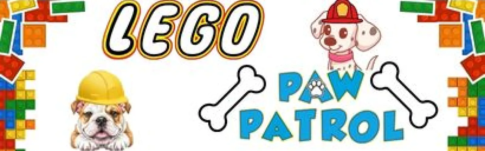Lego blocks around a bulldog in a hard hat and dalmation in a fire fighter hat that says Lego Paw Patrol