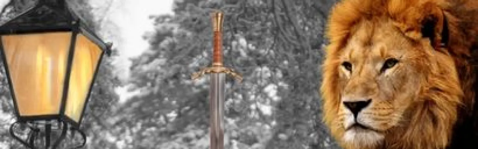 Lampost in forest with sword and lion