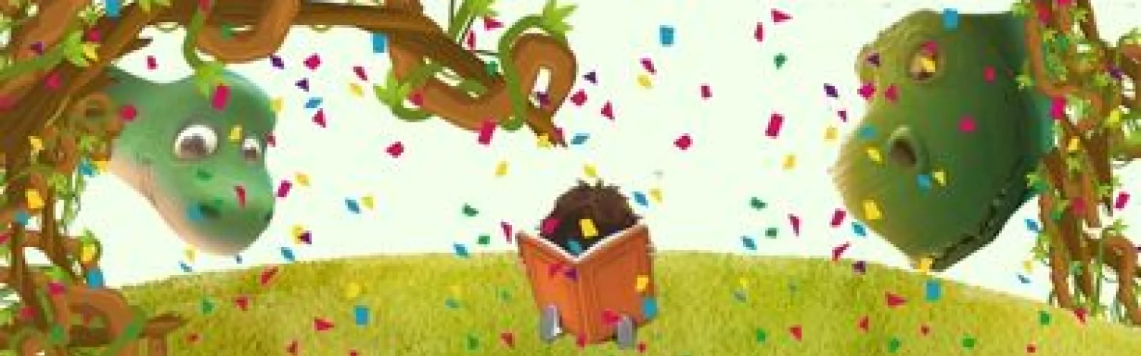 Two dinosaurs read over a little boy's shoulder
