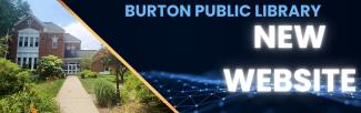 New Website text on right side with dark blue background and image of library on left side