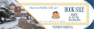 white and blue background showing dates for the Burton Book Sale.