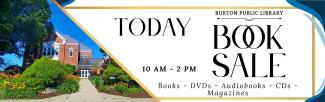 blue and gold boarders with black text about the book sale