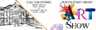 white background with Art show logo and sketch of library