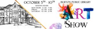 white background with Art show logo and sketch of library