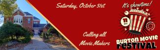 Red background with movie theatre popcorn on right side and golden text